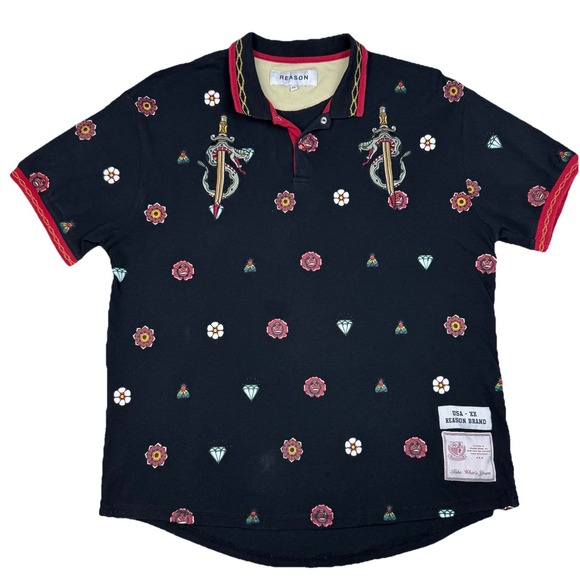 Reason Brand Men XL Polo Shirt Black Embroidered Dagger Snake Goth Grunge Y2K - Picture 1 of 12